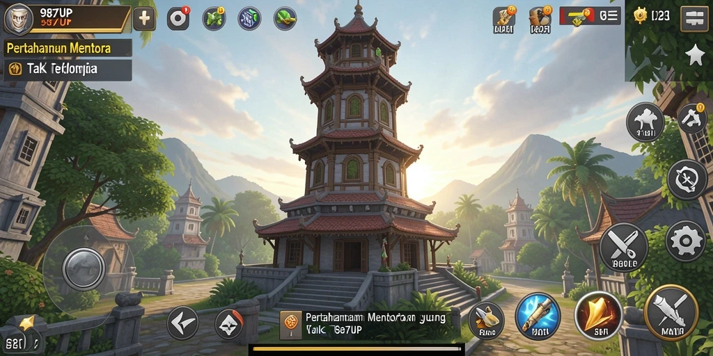Screenshot gameplay 987UP dengan menara yang berfungsi melawan serangan musuh.