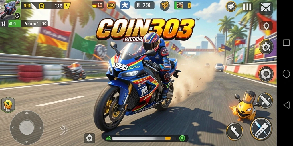 Screenshot gameplay COIN303 menampilkan aksi balapan yang menegangkan dan seru.