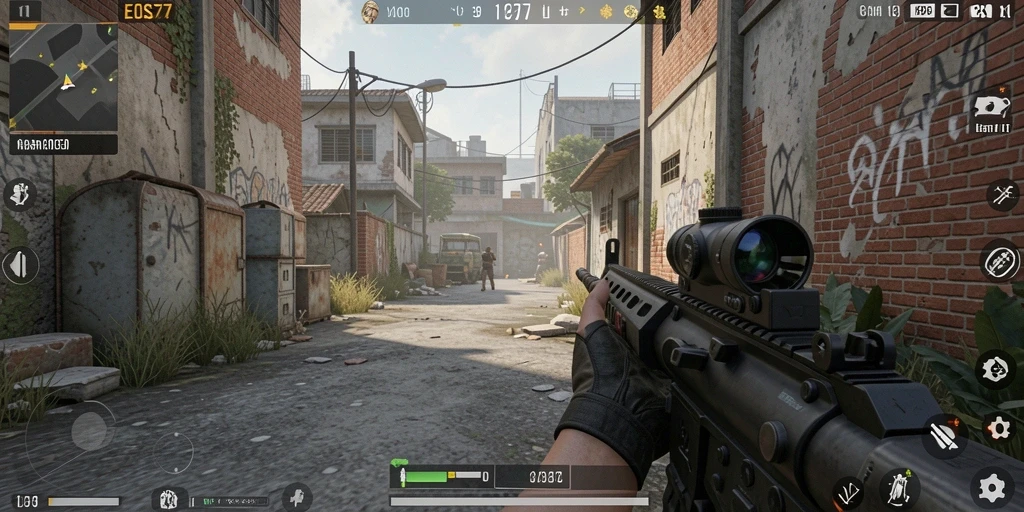 Screenshot gameplay EOS77 dengan aksi tembak-menembak yang seru.