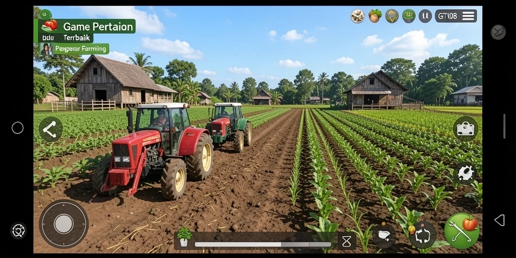 Tampilan gameplay GT108 yang menawan dengan latar pertanian yang hijau.