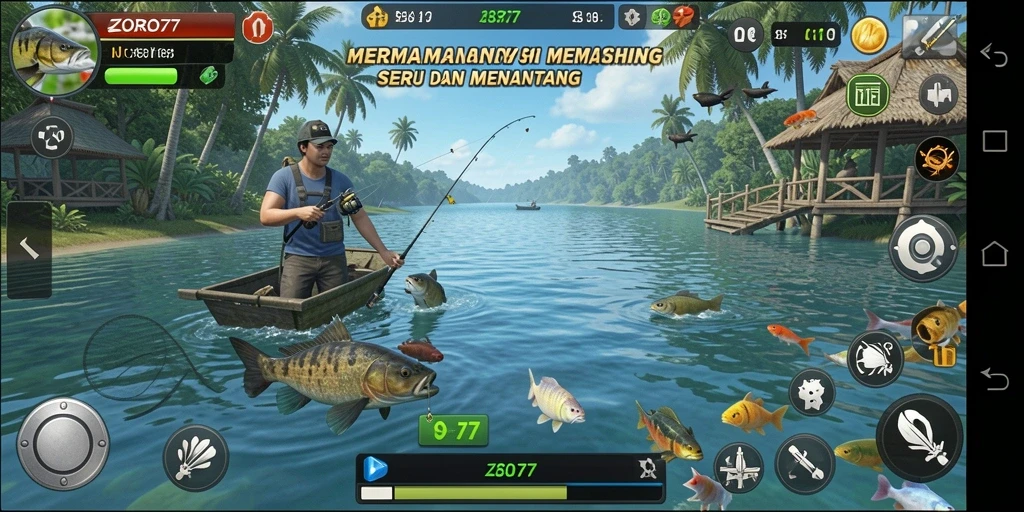 Screenshot gameplay ZORO77 menunjukkan momen menegangkan saat menangkap ikan besar.